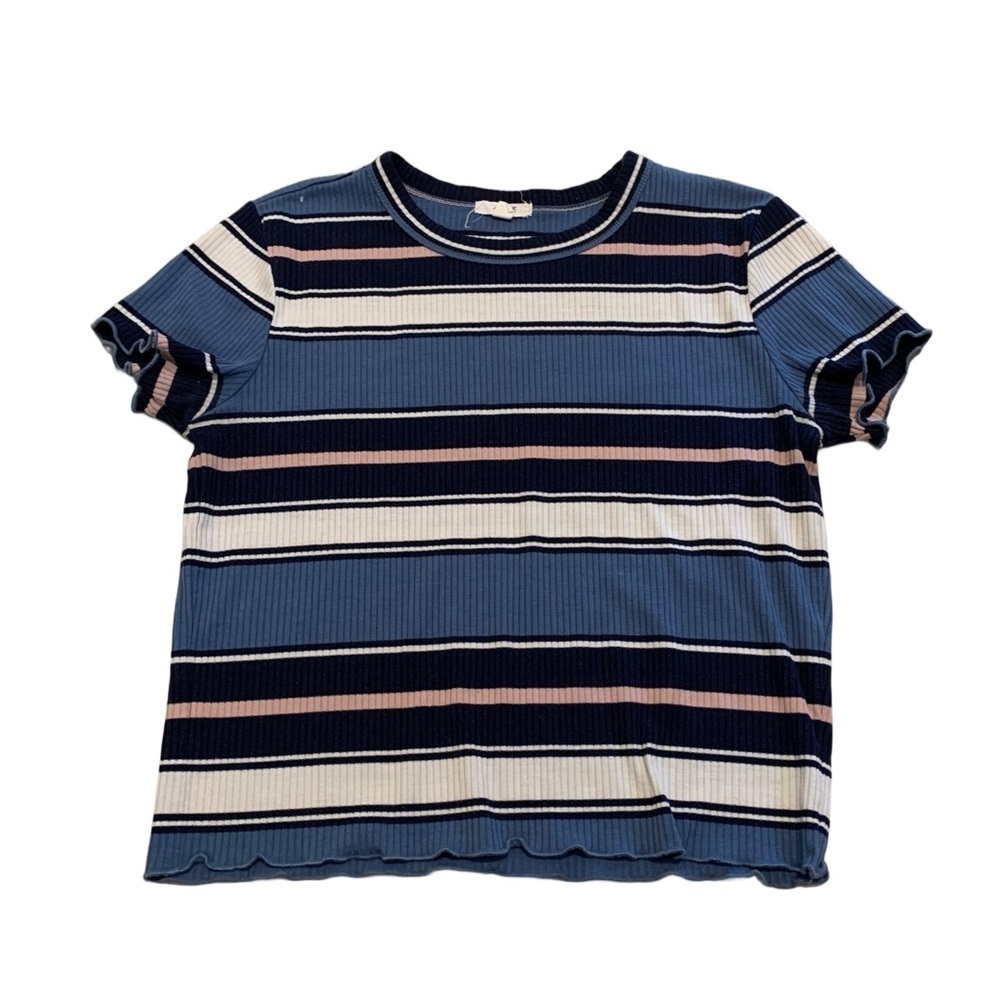 💜 Ardene Ribbed Striped T-Shirt - Blue, Pink & White - Size M